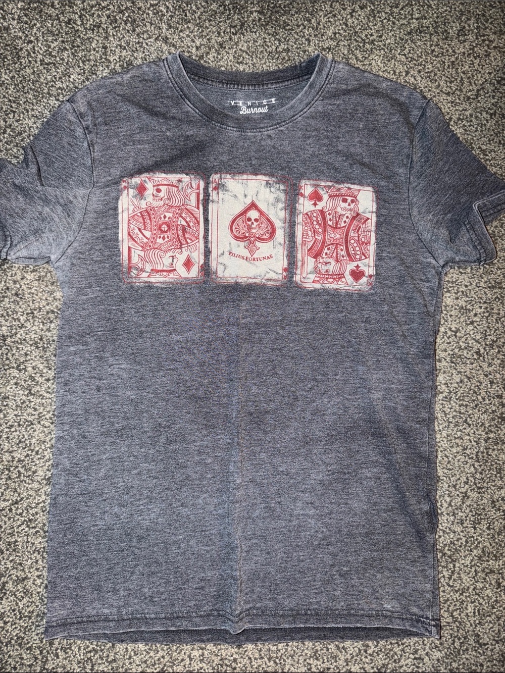 Vintage-Style Grey Graphic Tee with Red Card Print - Women’s Shirt